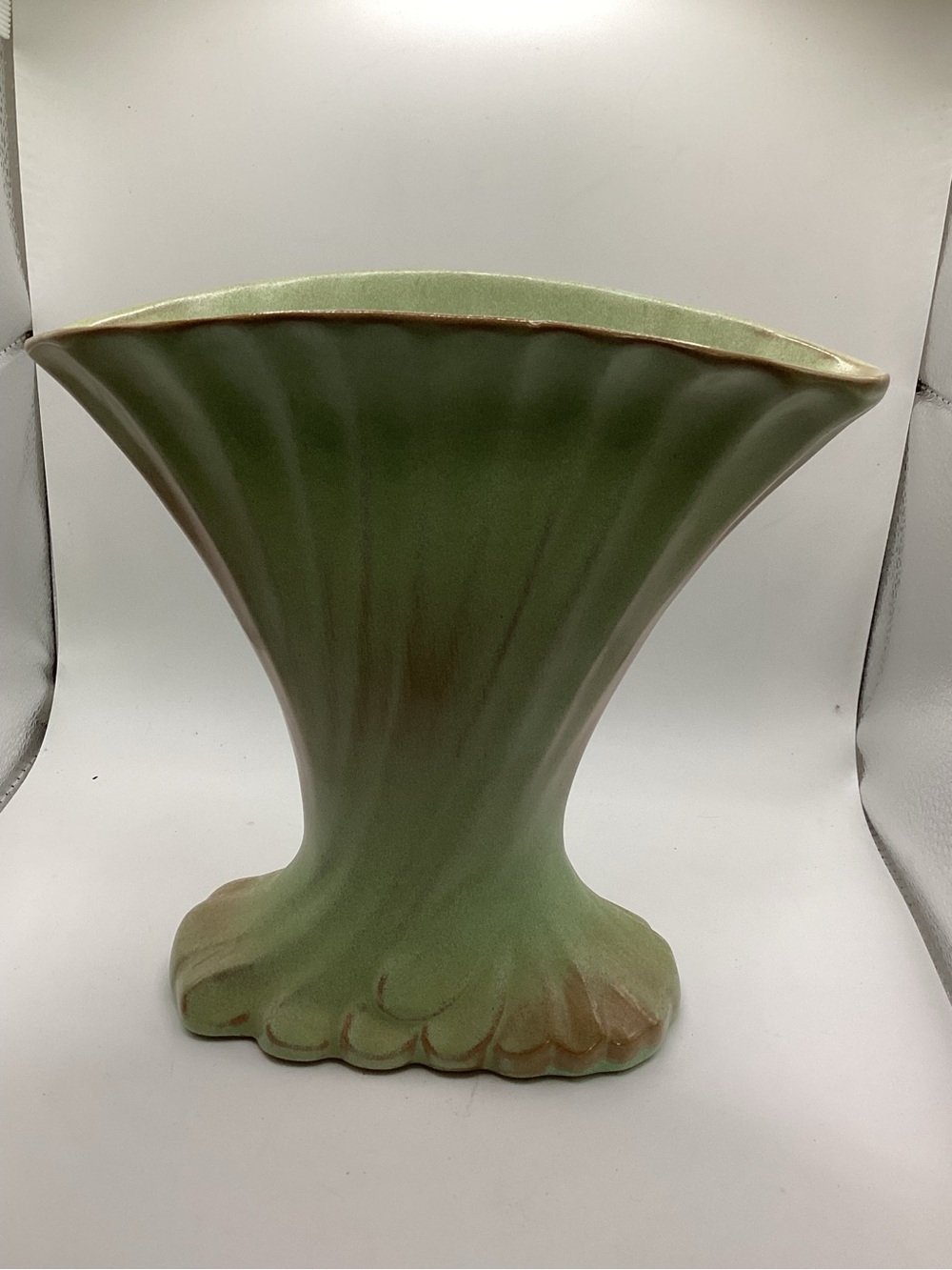 Frankoma Green Fan-Shaped Ceramic Vase with Brown Accents